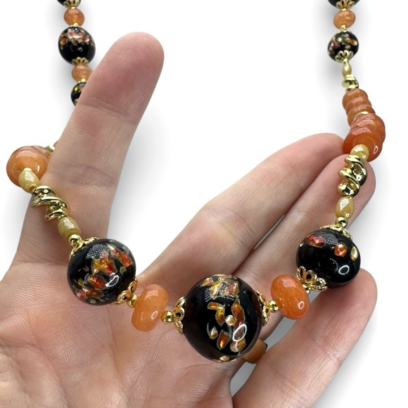 SOLD-ARTISAN Vintage Black Murano Lampwork Glass and Carnelian Gemstone Necklace - Picture 12 of 16